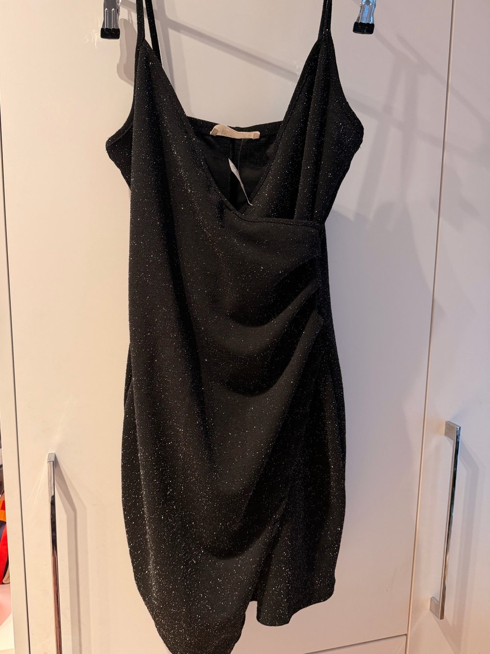 Black Glitter Cowl Mini Dress with Thin Straps